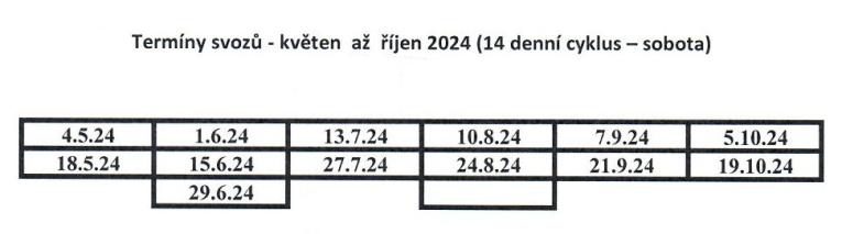Termíny svozů pro rekreační objekty 05-10/2024